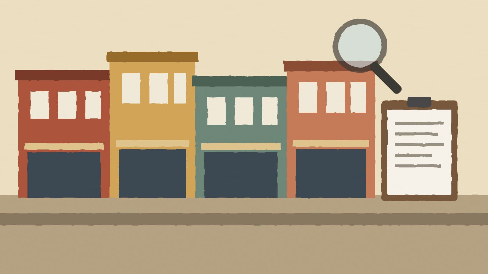 Historic storefronts and clipboard - illustration, Jake Team LLC