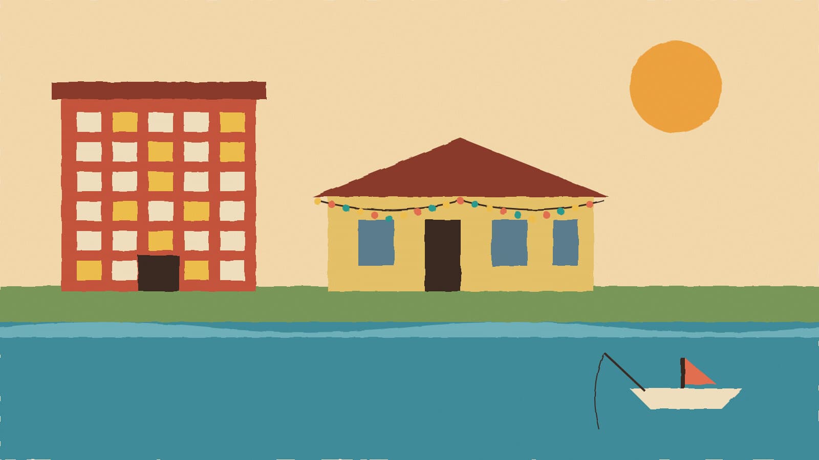 Hotel, depot and lake - illustration, Jake Team LLC