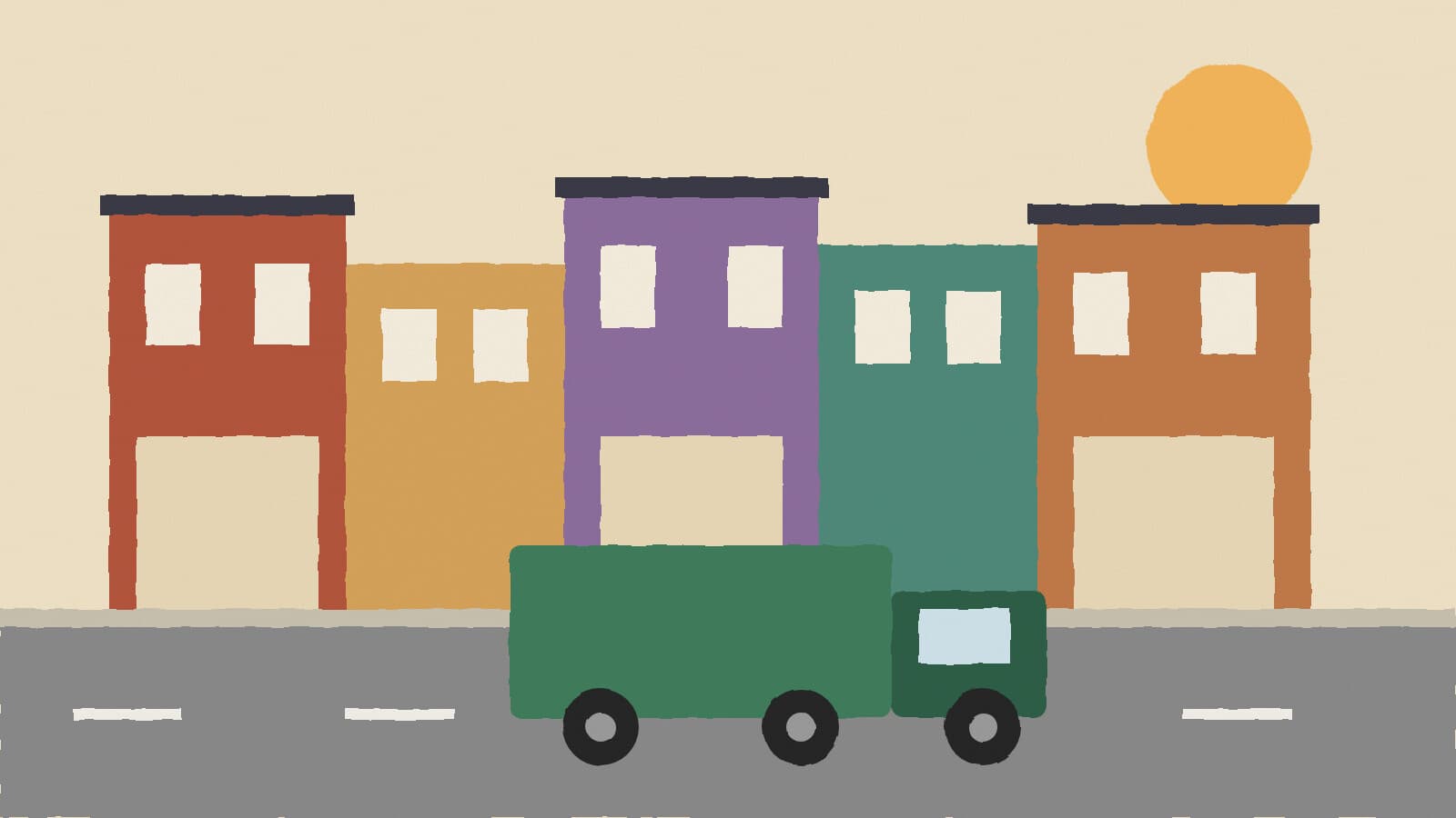 Historic storefronts and trash truck - illustration, Jake Team LLC