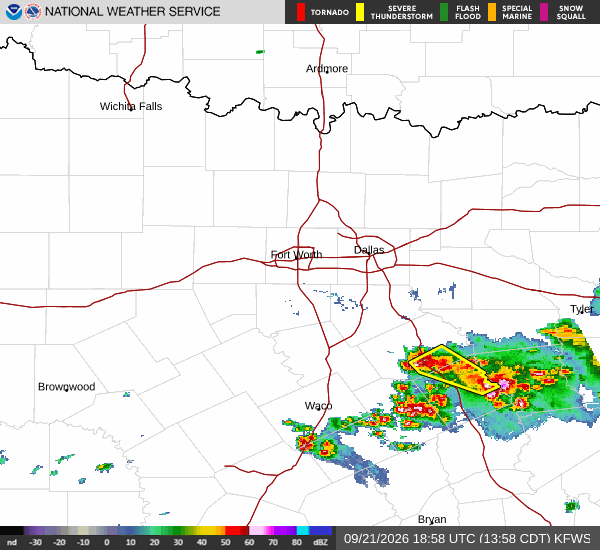 Latest National Weather Service radar for North Texas (KFWS radar). Source: radar.weather.gov.