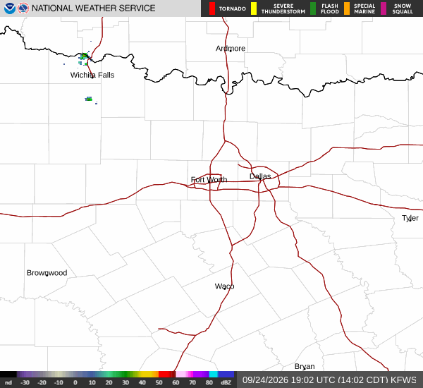 Latest National Weather Service radar for North Texas (KFWS radar). Source: radar.weather.gov.