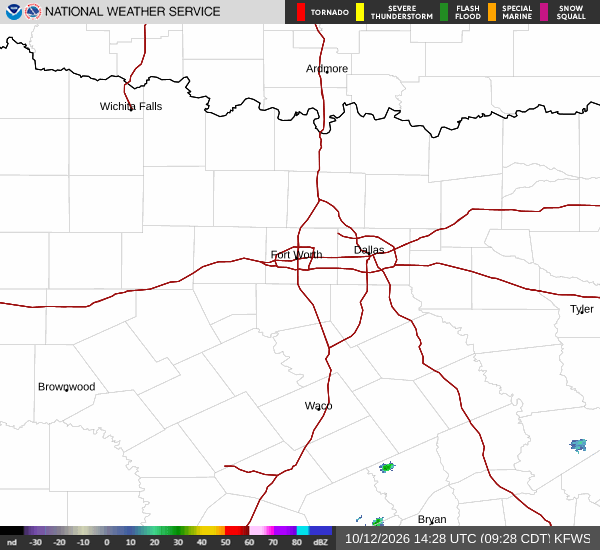 Latest National Weather Service radar for North Texas (KFWS radar). Source: radar.weather.gov.