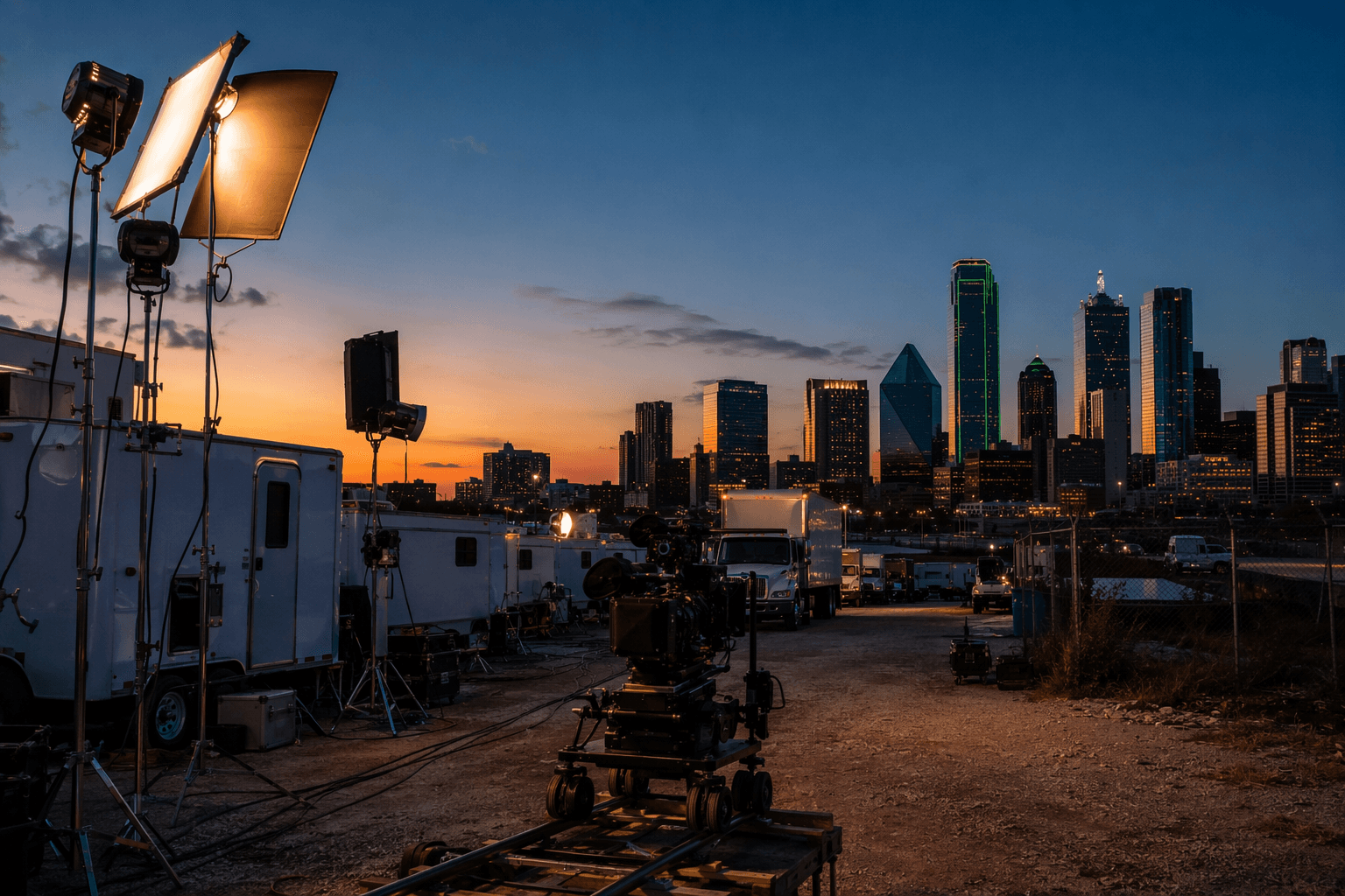 A film production base camp at dusk with a North Texas skyline behind it - illustration, Jake Team LLC