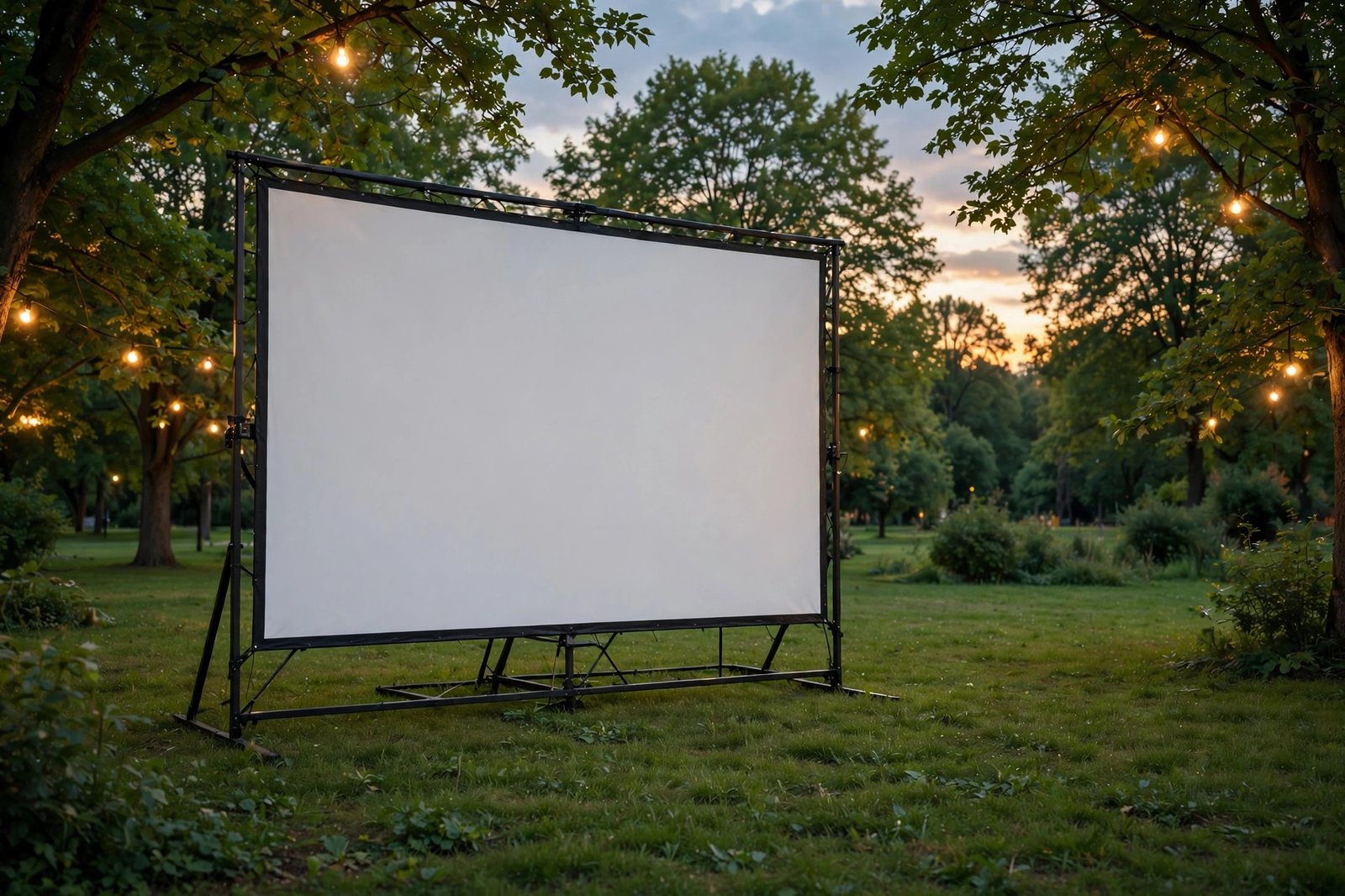 Outdoor movie screen in a park at dusk - illustration